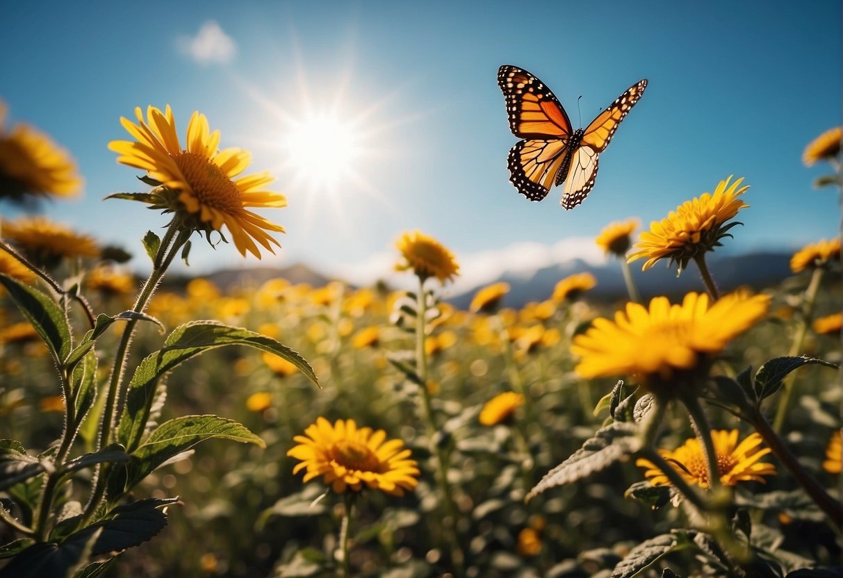 A bright sun shining over a serene landscape with a clear blue sky, surrounded by colorful flowers and butterflies, symbolizing the power of positive affirmations to overcome fear