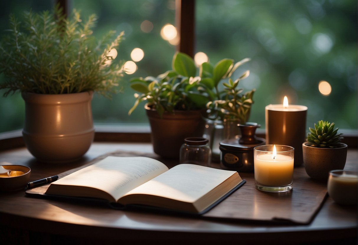 A serene setting with a journal and pen, surrounded by calming elements like candles and plants, evoking a sense of peace and empowerment