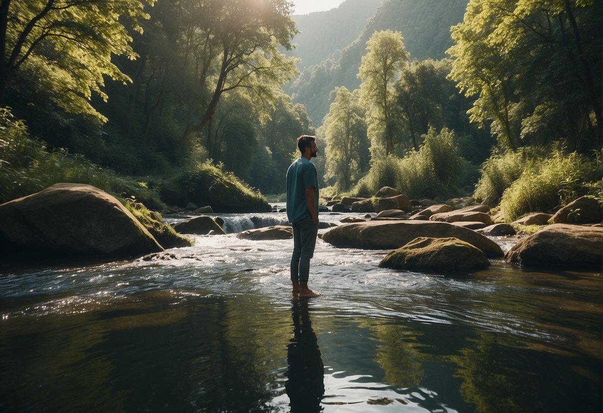 A serene landscape with a person standing confidently, surrounded by calming elements like flowing water, lush greenery, and a clear sky