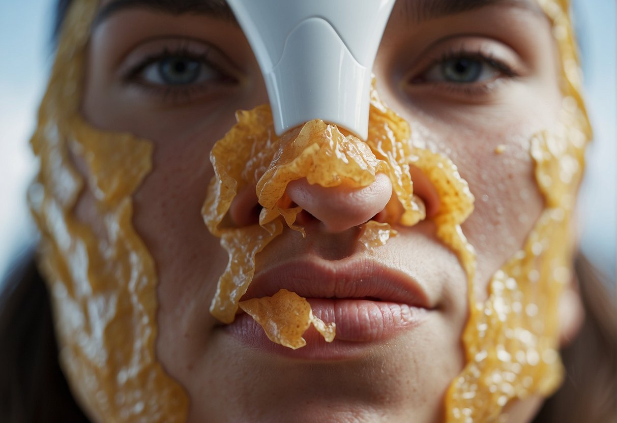 A dry, flaky patch of skin peeling off in small, thin layers, revealing the tender, raw skin underneath