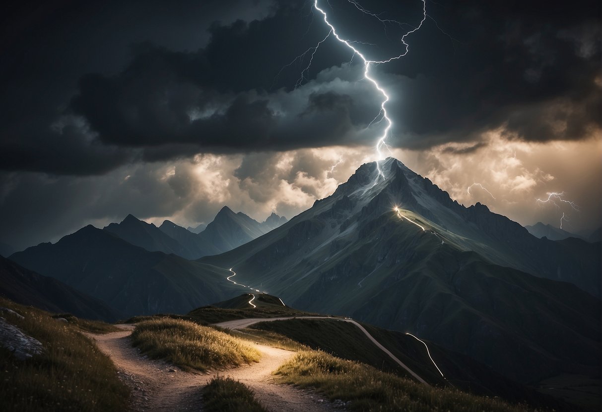 A mountain peak with a winding path, surrounded by dark clouds and lightning. A single beam of light breaks through, illuminating the path ahead
