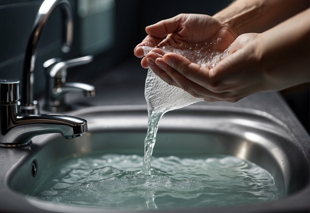 A hand reaching for a bottle of soap, a sink with running water, and a towel for drying