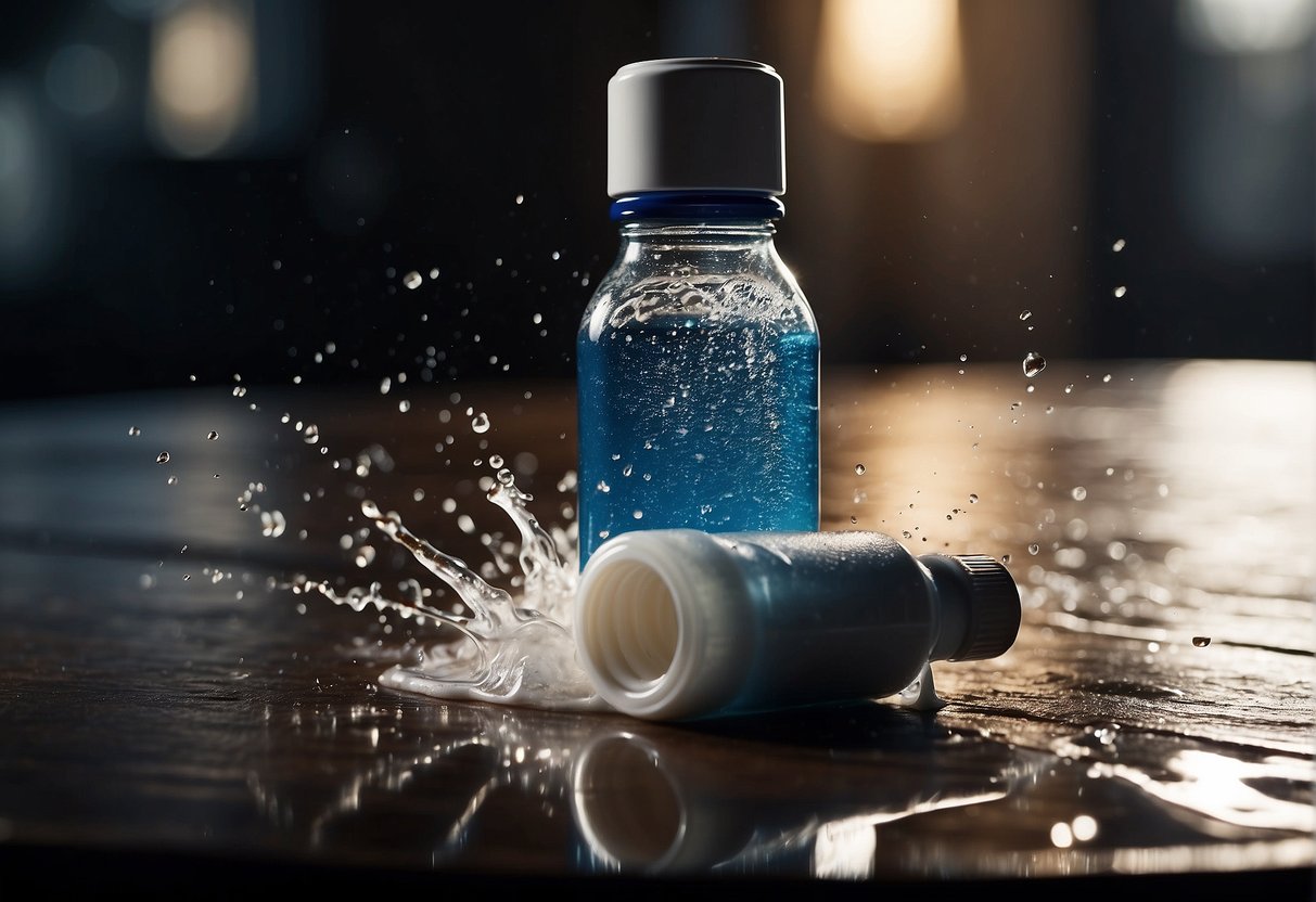 A bottle of stain remover spills on a table, with drops splattering onto the skin, leaving a dark stain