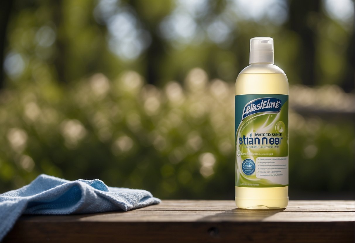 A bottle of natural stain remover spills, a cloth wipes skin clean