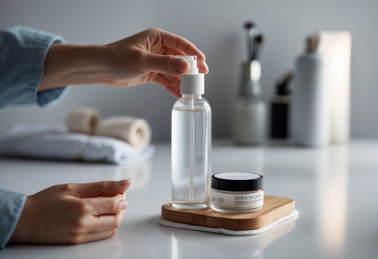 A hand reaching for a bottle of makeup remover, a cotton pad, and a mirror on a clean, white surface. A stained skin area is shown next to the bottle