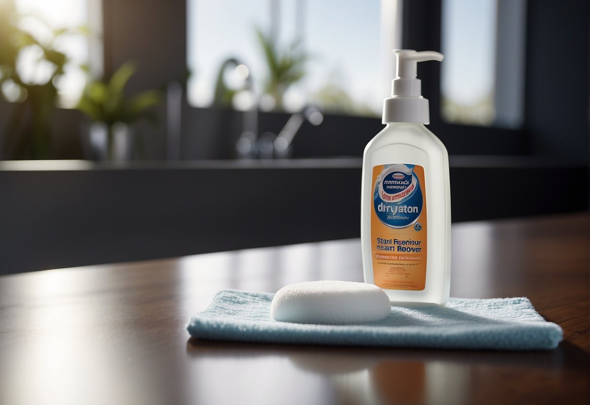 A bottle of stain remover sits next to a cotton pad on a bathroom counter, with a small droplet of liquid falling onto the pad