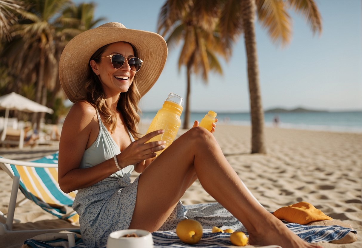 A woman applies sunscreen to her skin before heading out into the sun. She is sitting on a beach towel, with a sun hat and sunglasses nearby