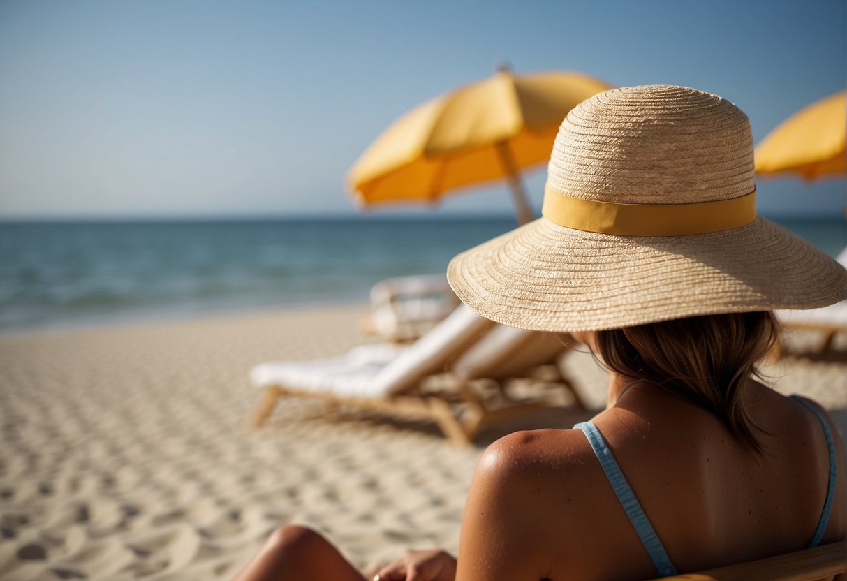 Skin being prepared for sun exposure: applying sunscreen, wearing a wide-brimmed hat, and sitting under a beach umbrella