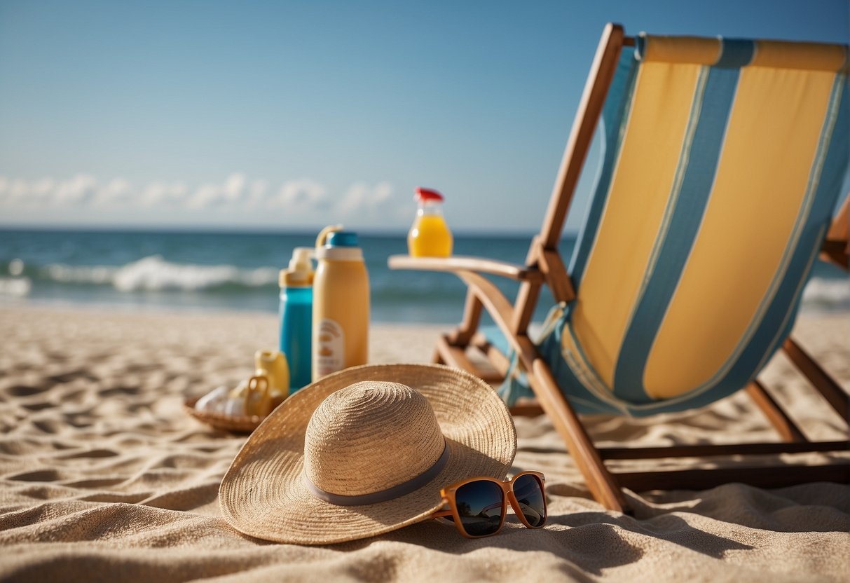 A beach chair facing the sun, with a bottle of sunscreen, hat, and sunglasses laid out on a towel