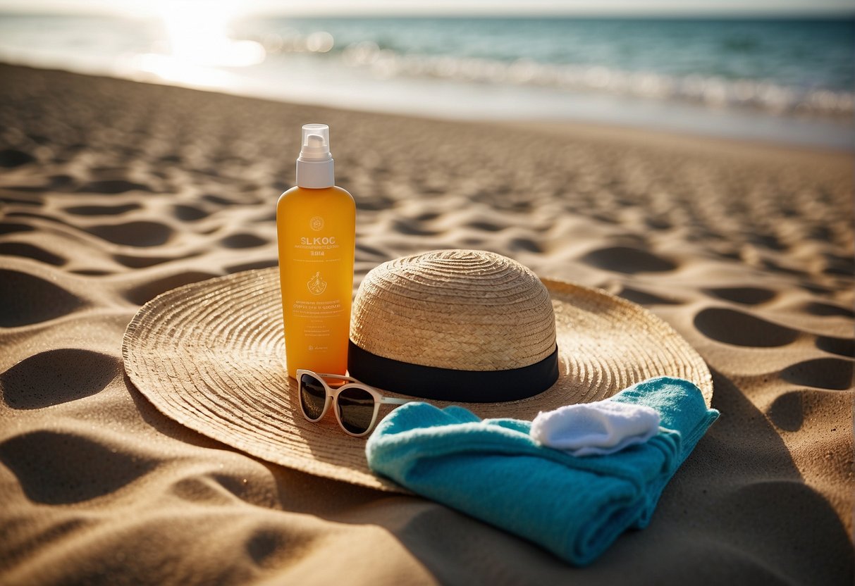 A bottle of sunscreen, a wide-brimmed hat, sunglasses, and a beach towel laid out on the sand
