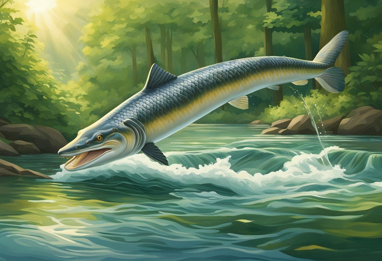 A serene river flows through a lush, green landscape. A sturgeon leaps gracefully from the water, its shimmering scales catching the sunlight. A sense of elegance and luxury permeates the scene