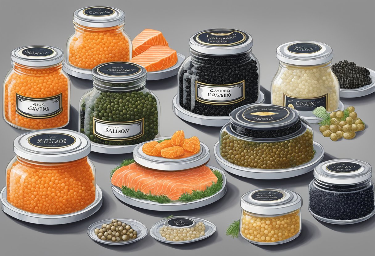 A table displays various types of caviar, including salmon, trout, and sturgeon. Each type is labeled with its name and origin, creating a visually appealing and informative display for caviar enthusiasts in New Zealand