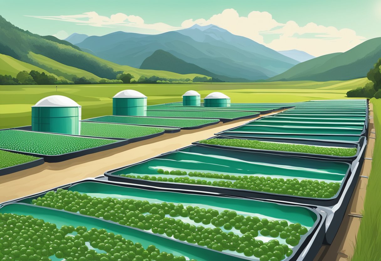 A serene landscape of a pristine New Zealand caviar farm, with rows of aquaculture tanks and a backdrop of lush green mountains