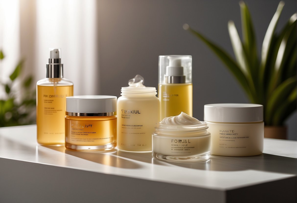 A variety of skin firming products and treatments displayed on a clean, minimalist table. Light shines on the products, creating a soft, inviting ambiance