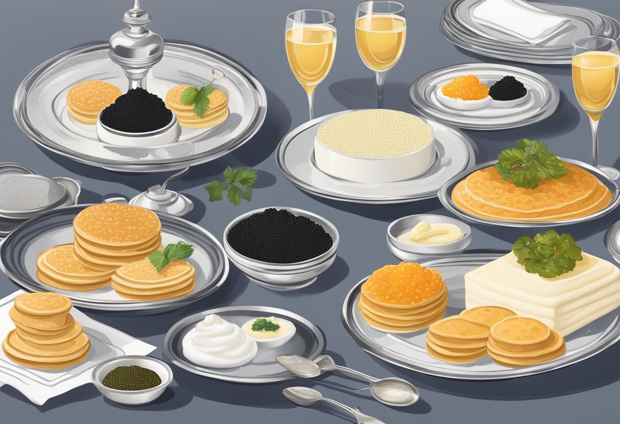 A table set with a variety of caviar tins, accompanied by blinis, crème fraîche, and champagne. A menu and guidebook lay nearby