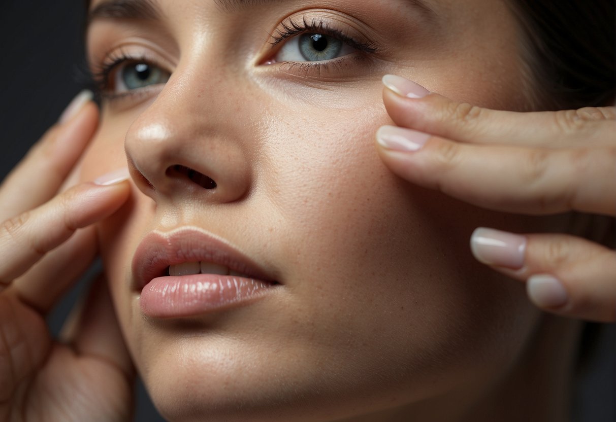 A woman's face being gently pulled upward with a firm grip, demonstrating the process of skin tightening