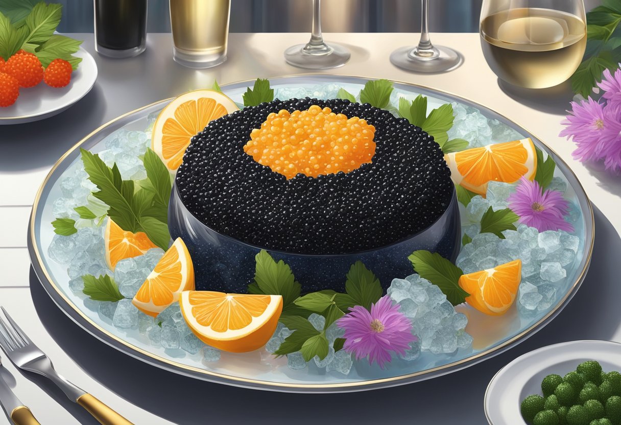 A plate of fresh caviar sits on a bed of ice, surrounded by vibrant garnishes and accompanied by a glass of champagne. The luxurious spread is set against a backdrop of lush greenery and sparkling water
