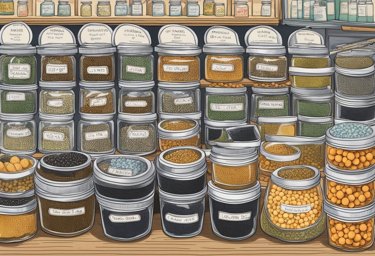 A bustling market stall displays a variety of caviar jars with price tags. A sign reads "Complete Guide to Caviar in New Zealand."