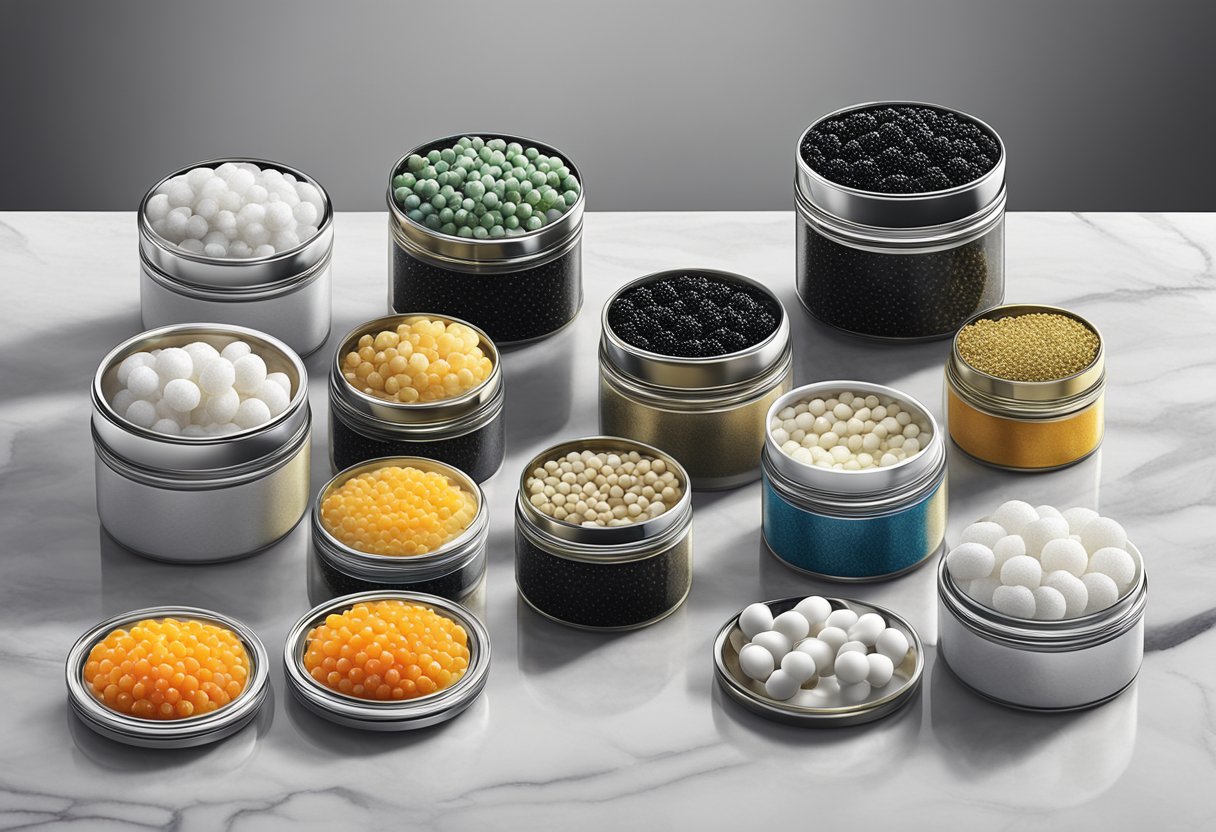 A display of various caviar tins and jars, arranged on a sleek marble countertop with elegant serving utensils and accompanying accoutrements