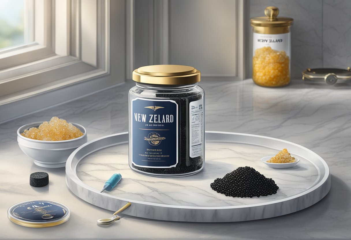 A glass jar of caviar sits on a marble countertop, surrounded by ice packs and a small thermometer. The label "New Zealand Caviar" is prominently displayed on the front