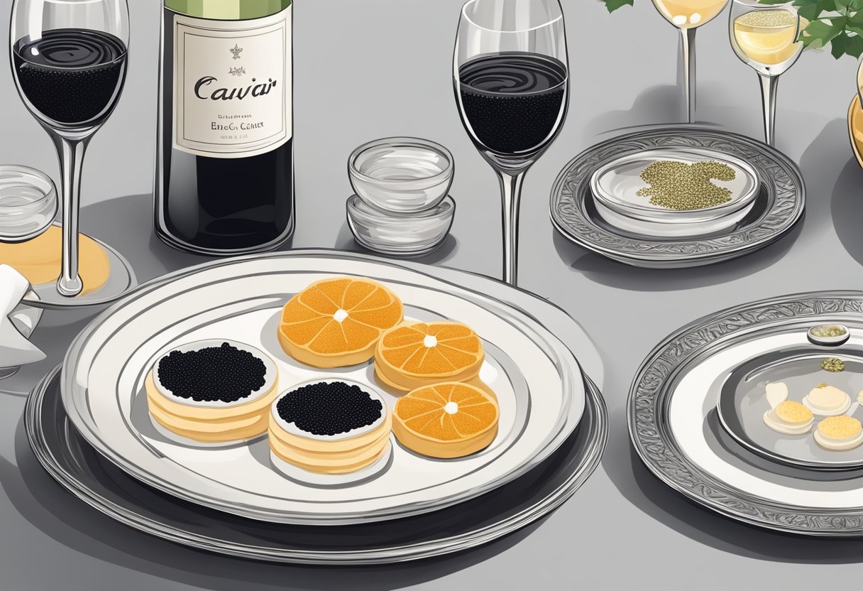 A table set with caviar, blinis, and champagne. A guidebook on caviar etiquette sits beside the elegant spread