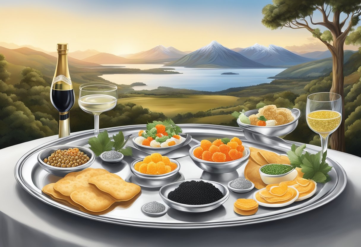 A silver platter displays a variety of caviar alongside blinis and traditional accompaniments, set against a backdrop of New Zealand's stunning natural scenery