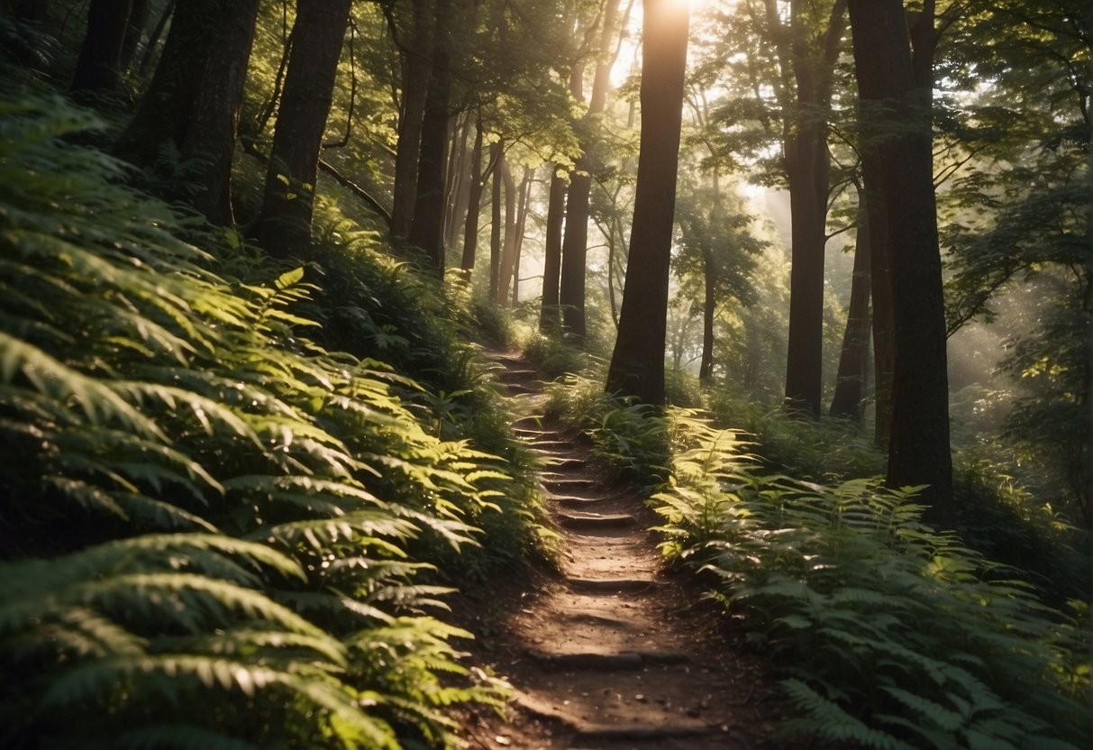 A winding path through a dense forest, sunlight filtering through the leaves, leading towards a distant mountaintop