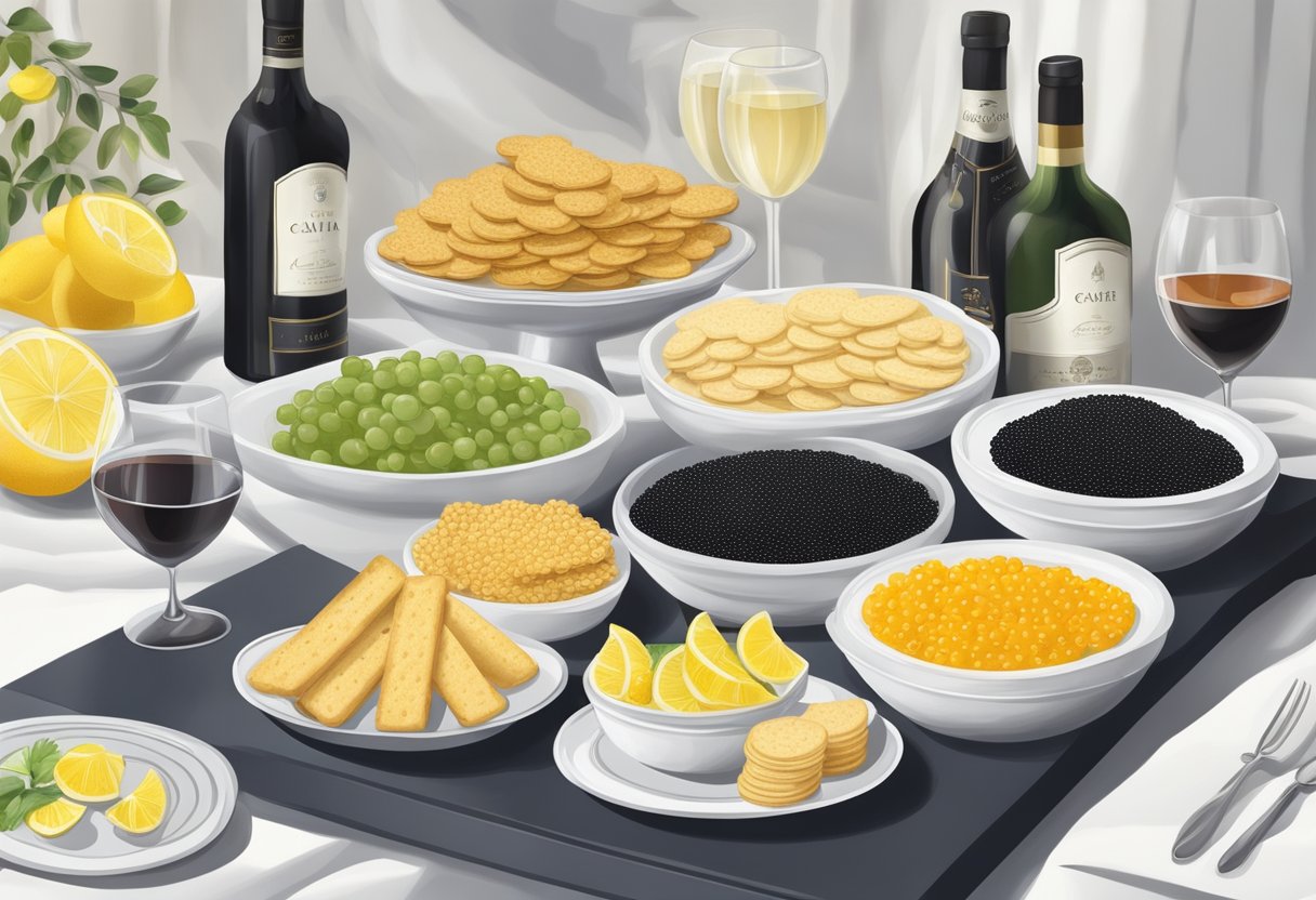 A table set with various types of caviar, accompanied by crackers, lemon wedges, and a selection of fine wines