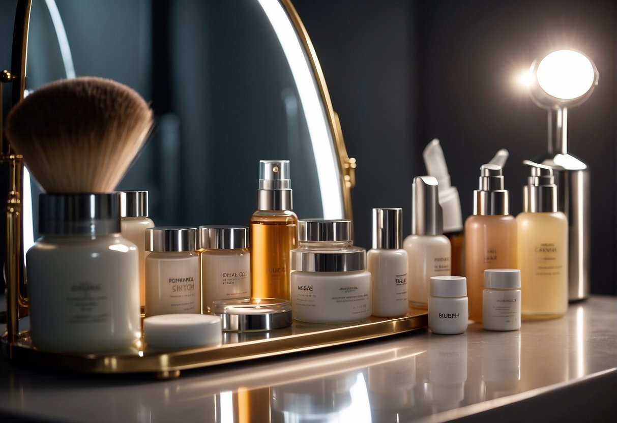 A table with various skincare products and a mirror. A chart showing different skin types. A person examining their face in the mirror