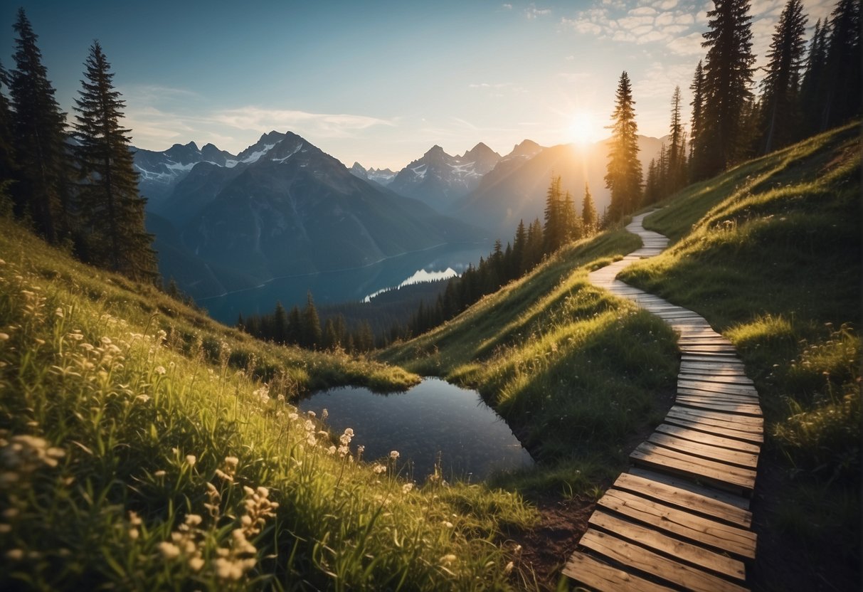 A winding path through a mystical forest, with changing landscapes reflecting the stages of growth and transformation. A serene lake, towering mountains, and a radiant sunrise symbolize the inner journey