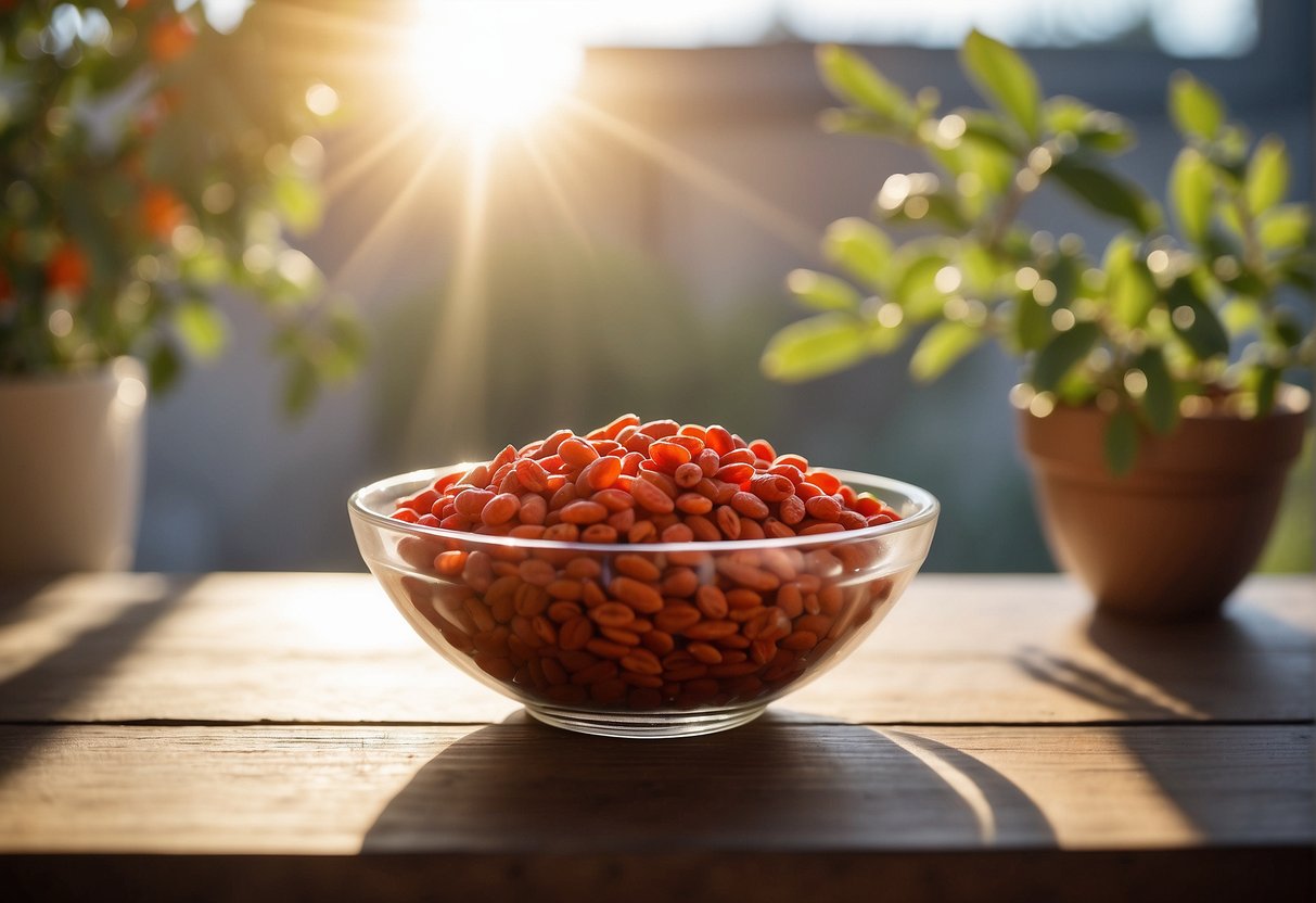 A bowl of fresh goji berries on a wooden table, with sunlight streaming in from a nearby window