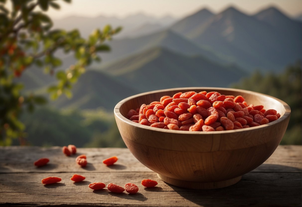 Fresh goji berries arranged in a rustic wooden bowl, with a backdrop of ancient Chinese landscape and historical artifacts