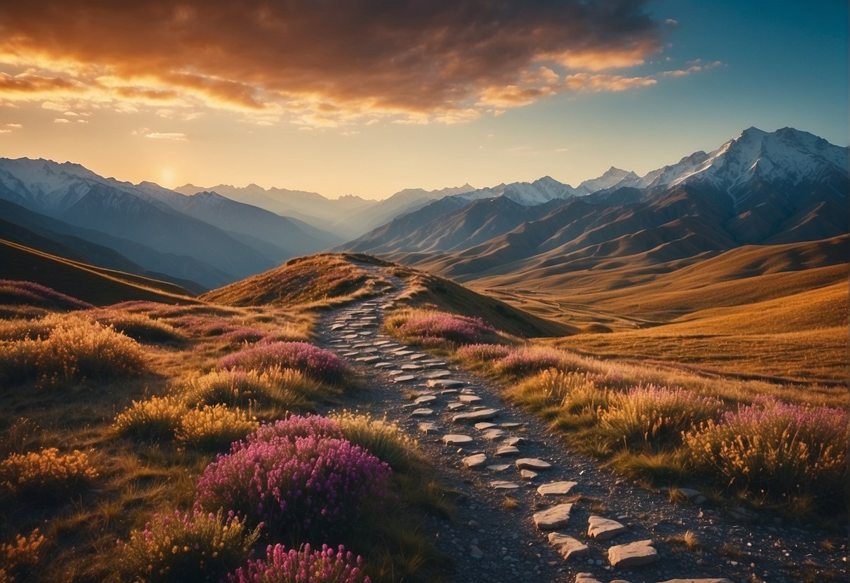 A winding path leads through a surreal landscape, with towering mountains and deep valleys. The sky is filled with swirling patterns and vibrant colors, creating a sense of introspection and exploration