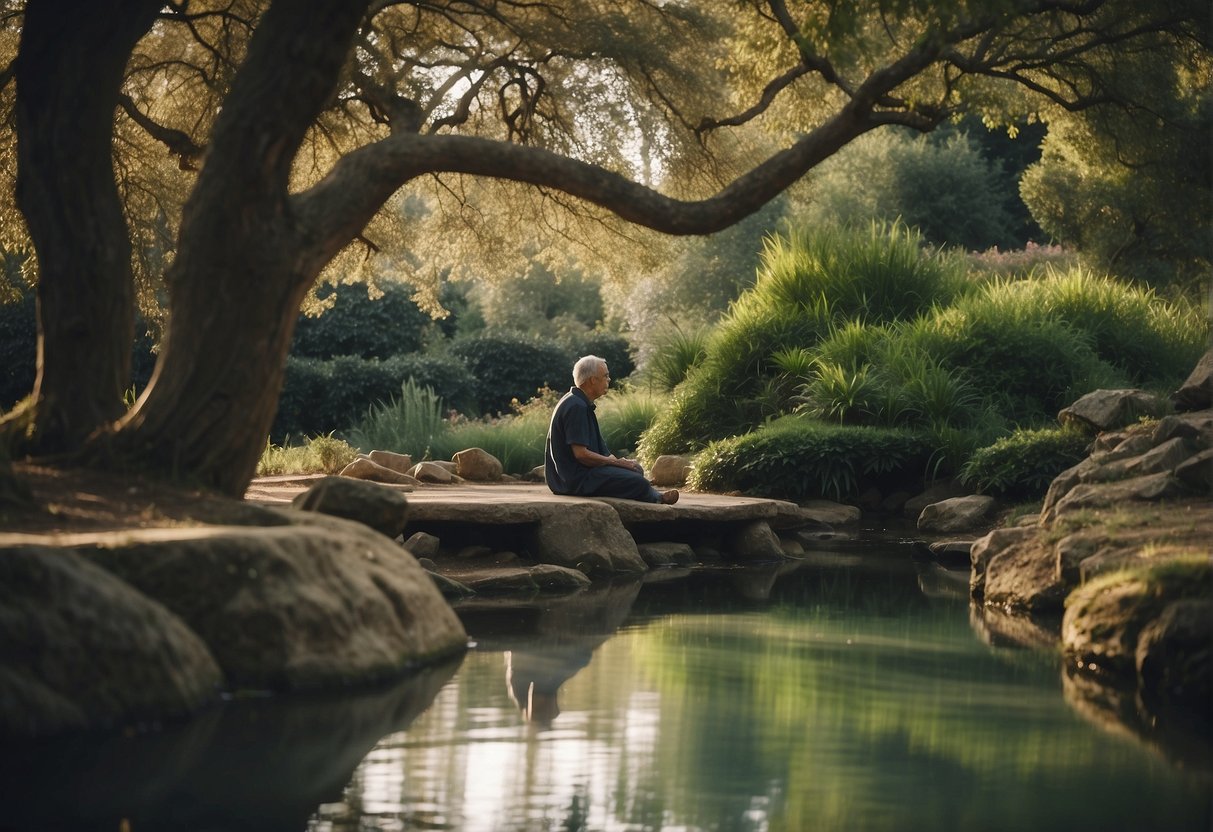 A solitary figure sits in a serene garden, surrounded by ancient trees and flowing water. The atmosphere is tranquil, with a sense of introspection and deep thought