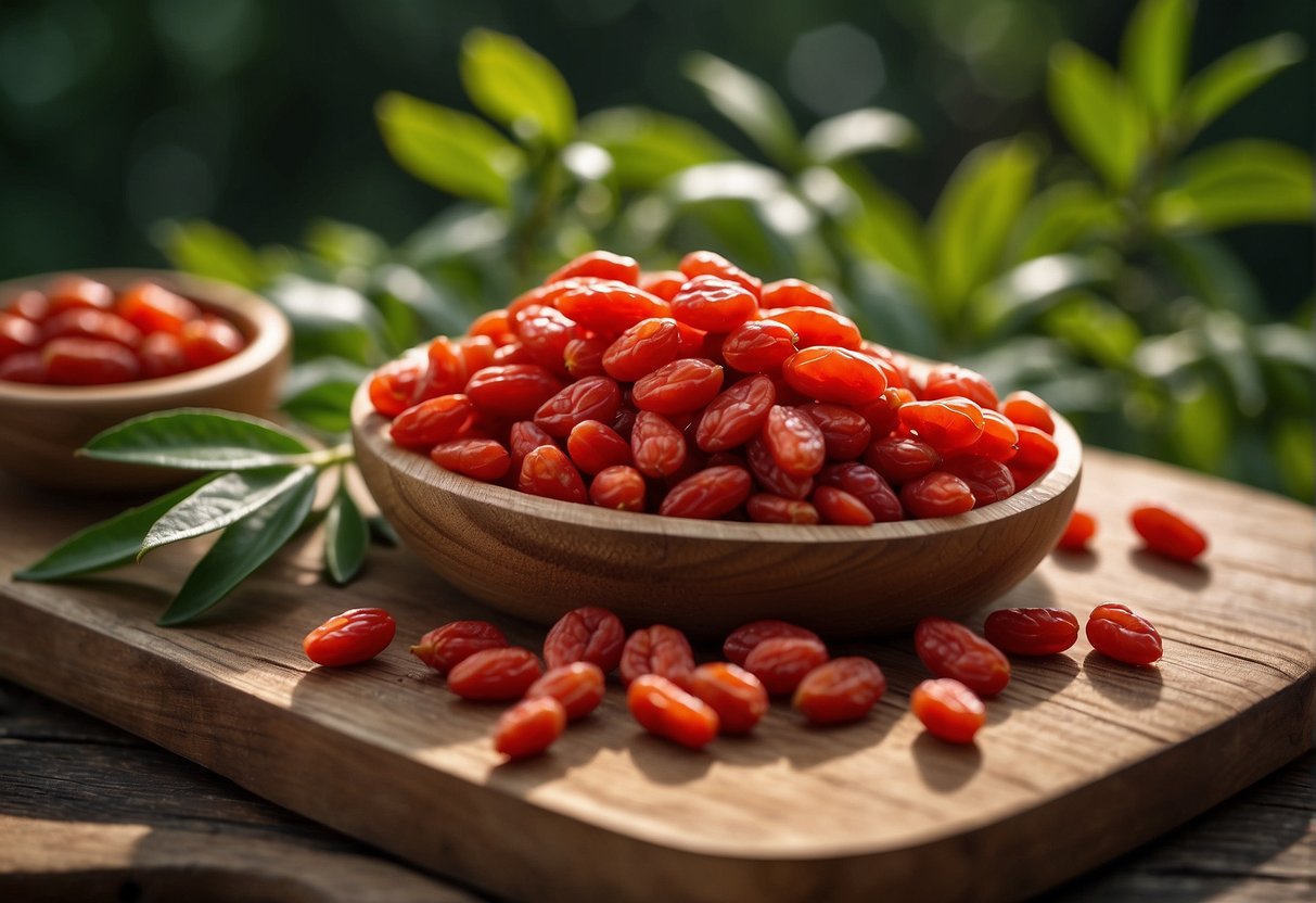 A pile of fresh goji berries sits on a wooden cutting board, surrounded by scattered green leaves. The berries are plump and vibrant, with a glossy sheen