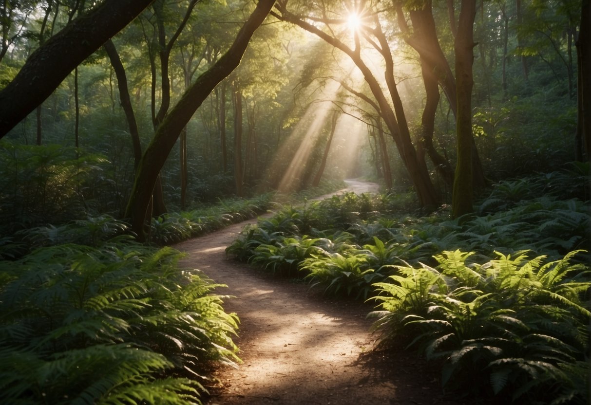 A winding path through a lush forest, with rays of sunlight breaking through the canopy, symbolizing personal growth and inner exploration