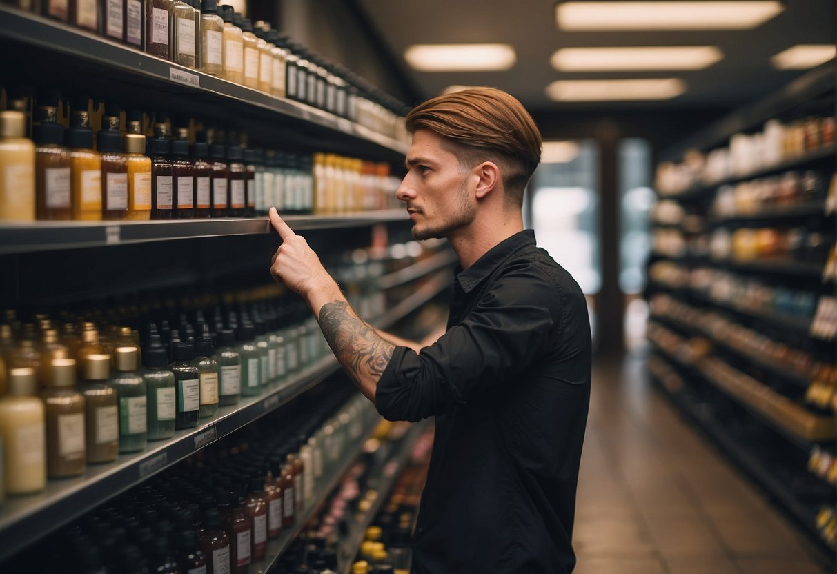 A person with fair skin deciding on hair color, surrounded by a variety of hair dye options