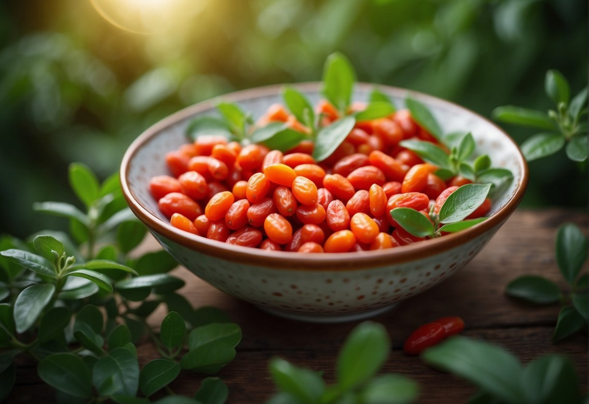 A bowl of fresh goji berries surrounded by vibrant green leaves, with a soft glow of sunlight highlighting their red and orange hues