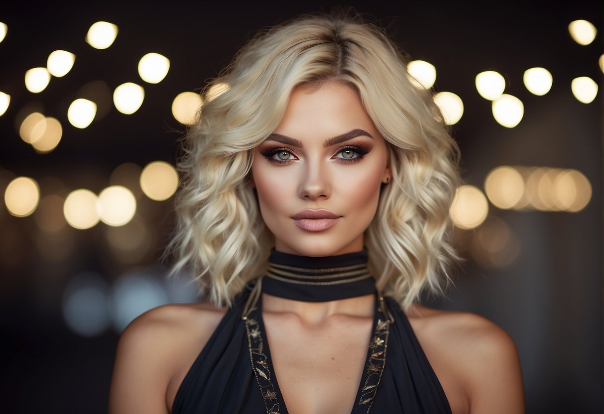 A light-skinned person with blonde hair surrounded by various shades of makeup