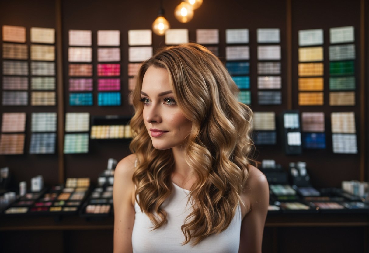 A person with fair skin pondering over hair color options, surrounded by various hair dye swatches and a mirror
