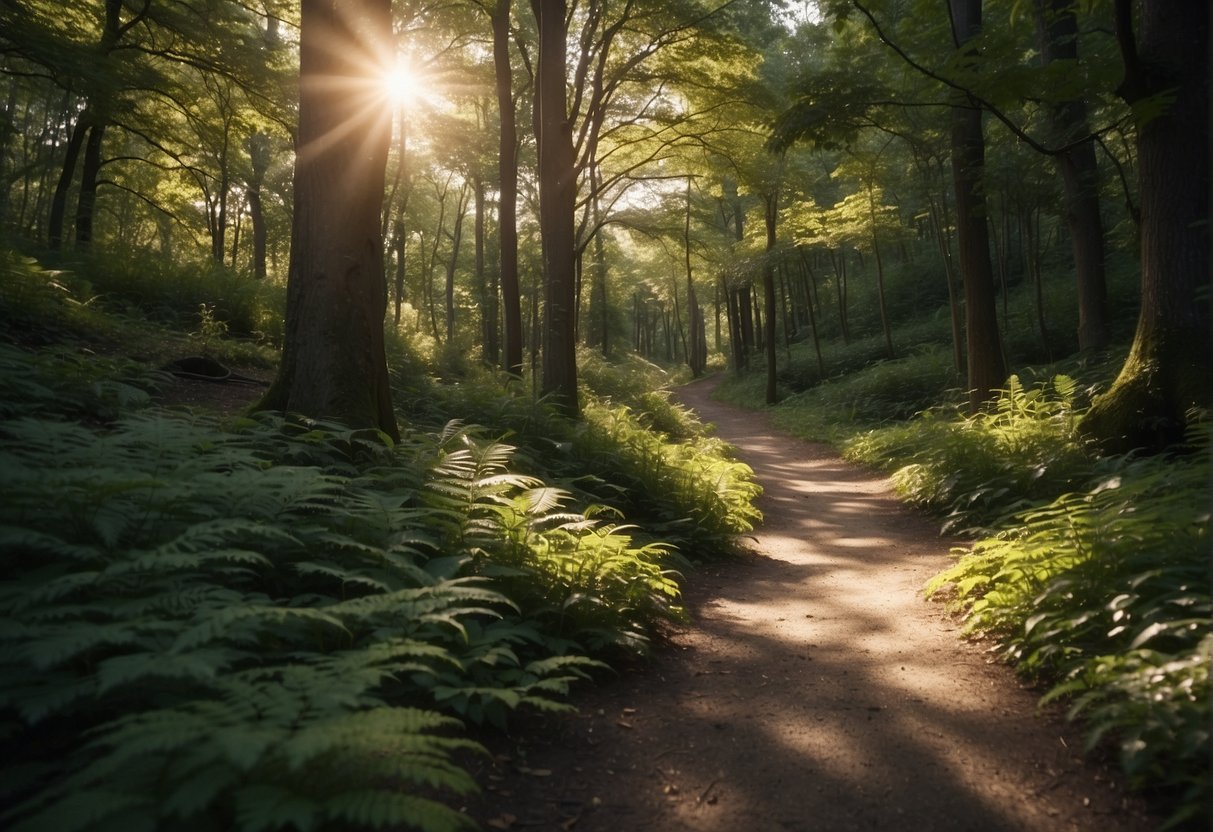 A winding path through a lush forest, with sunlight filtering through the trees and casting dappled shadows on the ground
