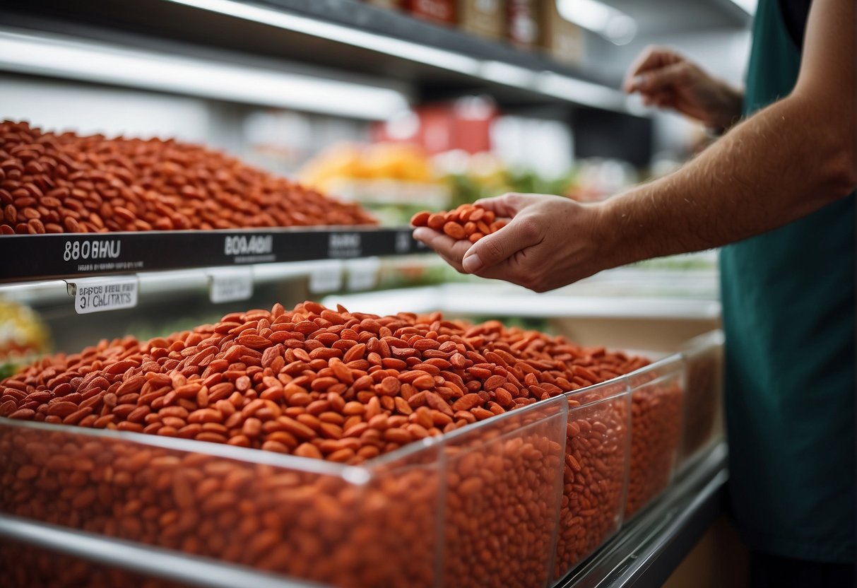 A hand reaches for a container of fresh goji berries at a grocery store. The berries are vibrant red and plump, with a label indicating they are organic. A refrigerator at home is shown, with the container of goji berries being placed on