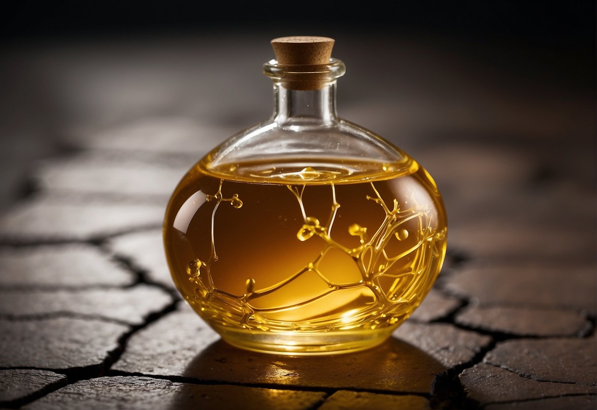A bottle of body oil on a dry, cracked surface