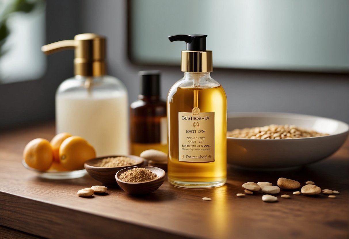 A bottle of nourishing oil sits on a bathroom counter, surrounded by dry skin products. The label reads "Best Oil for Very Dry Skin."