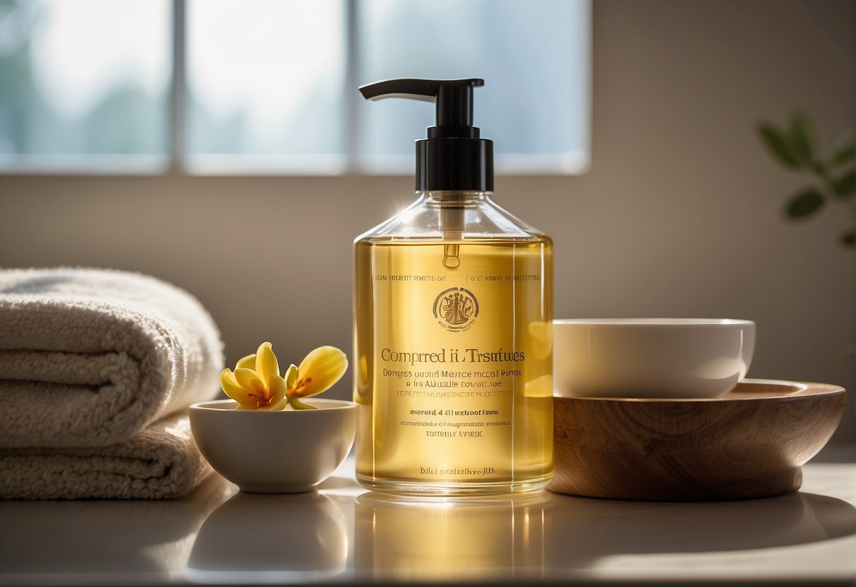 A bottle of body oil for very dry skin sits on a bathroom counter, surrounded by moisturizing products and a towel. The label reads "Comprendre et Traiter les Problèmes Spécifiques de la Peau Très Sè