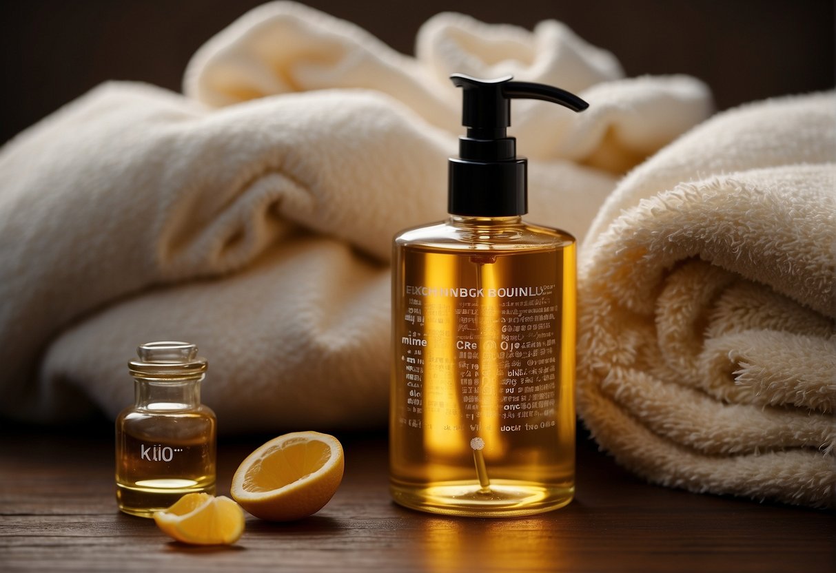 A bottle of body oil sits on a table next to a towel, with a background of dry skin and a question mark