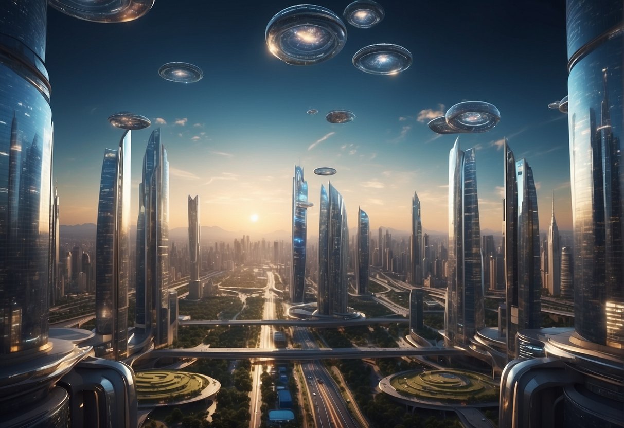 A futuristic cityscape with towering skyscrapers, sleek flying vehicles, and holographic projections, symbolizing the endless possibilities of inner journeys