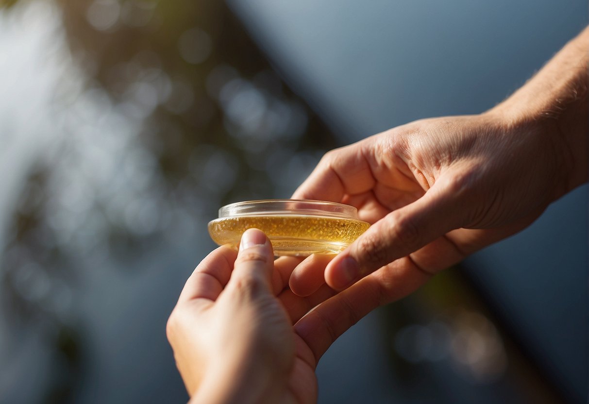 A delicate area with strong glue residue, a gentle hand reaching for a solvent, a calm and focused expression on the face