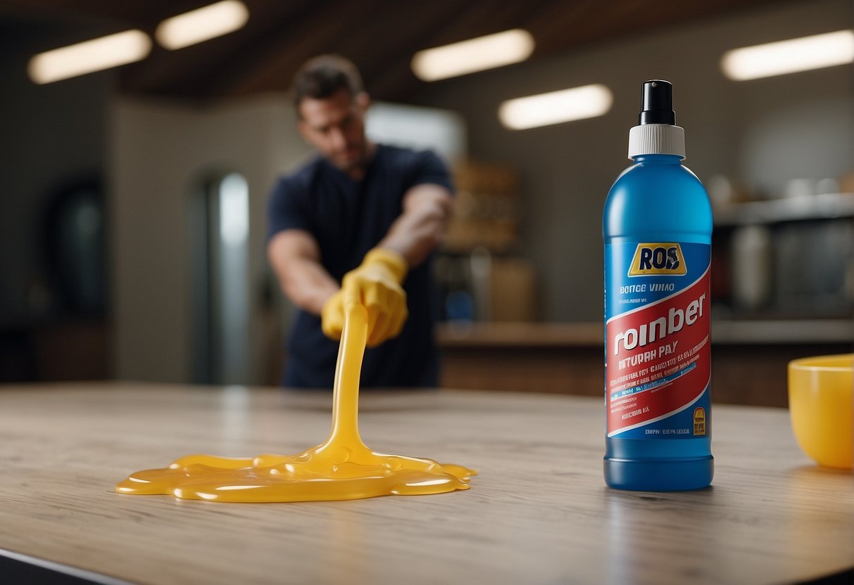 A hand reaching for a bottle of adhesive remover next to a spilled bottle of strong glue on a table