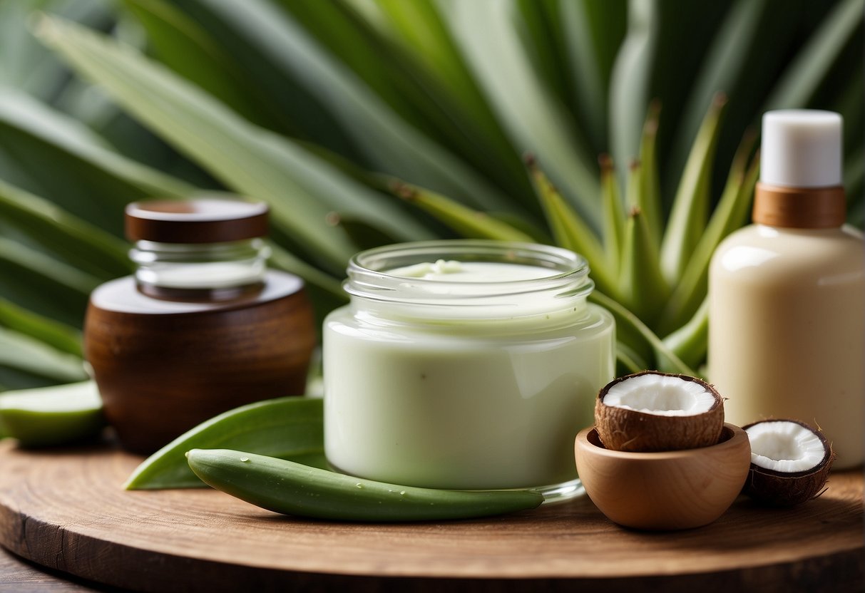 A jar of moisturizer surrounded by a variety of natural ingredients such as aloe vera, coconut oil, and shea butter, with a background of lush greenery and flowing water